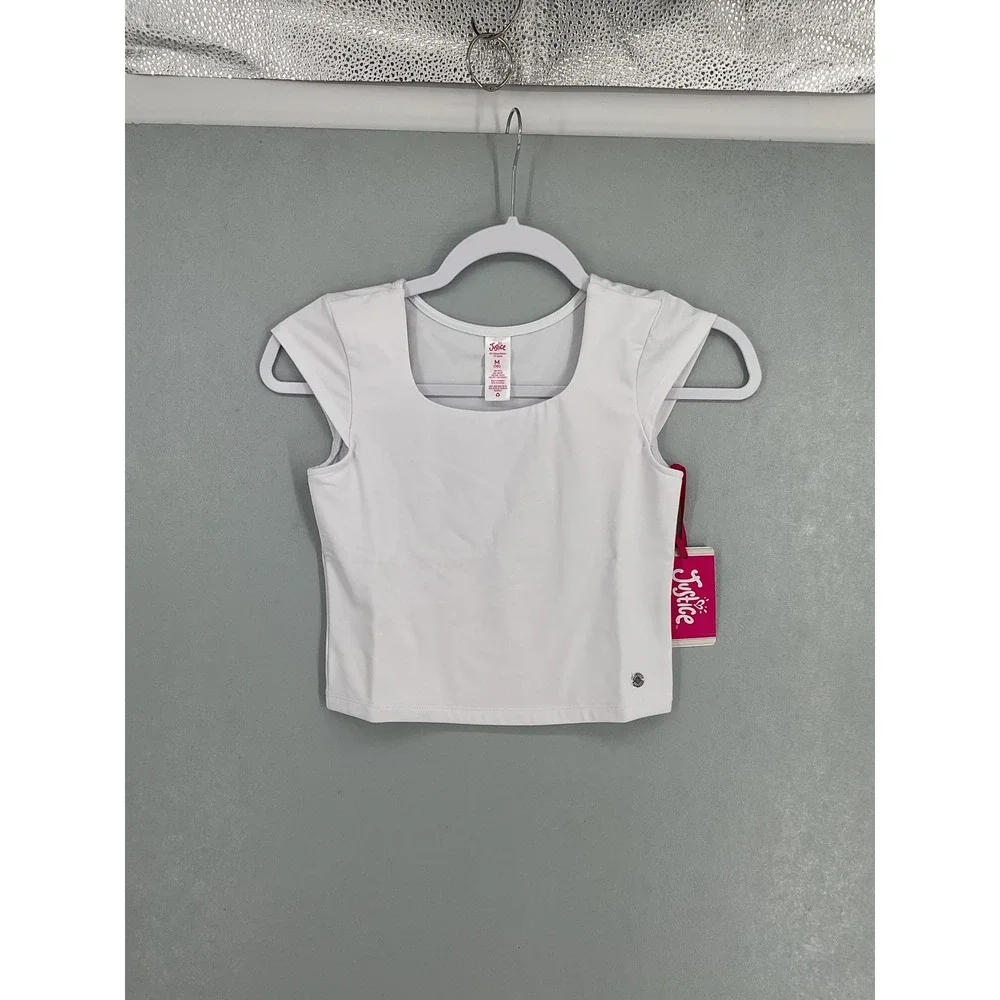Justice Girls Cap Sleeve Seamless Top White Square Neck M 10